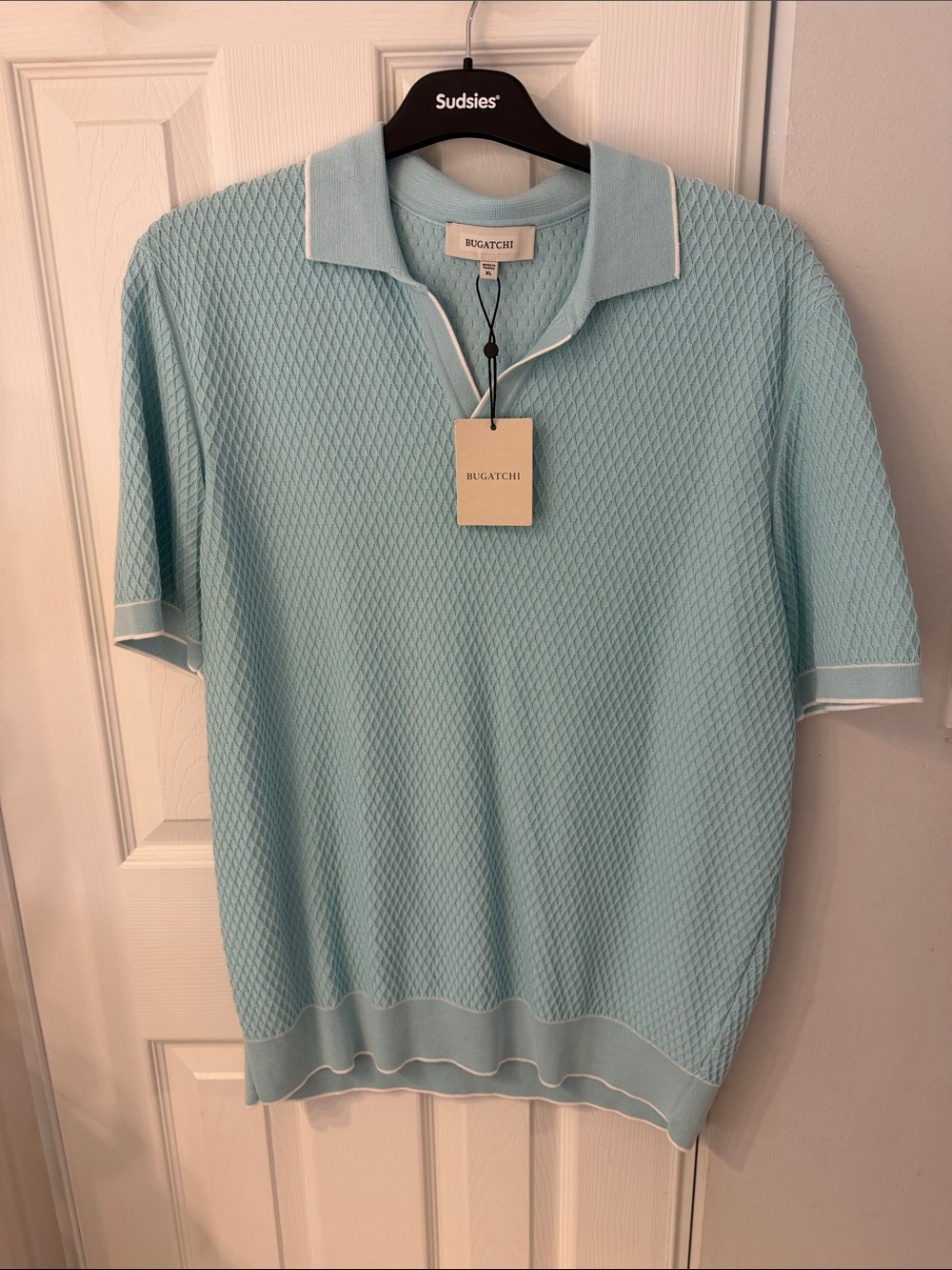 Bugatchi Men's Pastel Blue Textured Knit Polo with Contrast Trim
